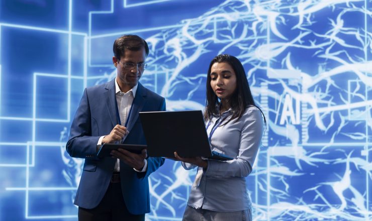 AI researcher and colleague working with artificial intelligence neural networks modern lab. Computer scientists collaborating on developing AI system in high tech workplace